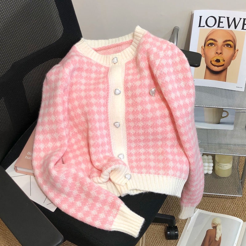 Áo khoác cardigan dệt kim tay dài cổ tròn họa tiết caro thời trang cho nữ