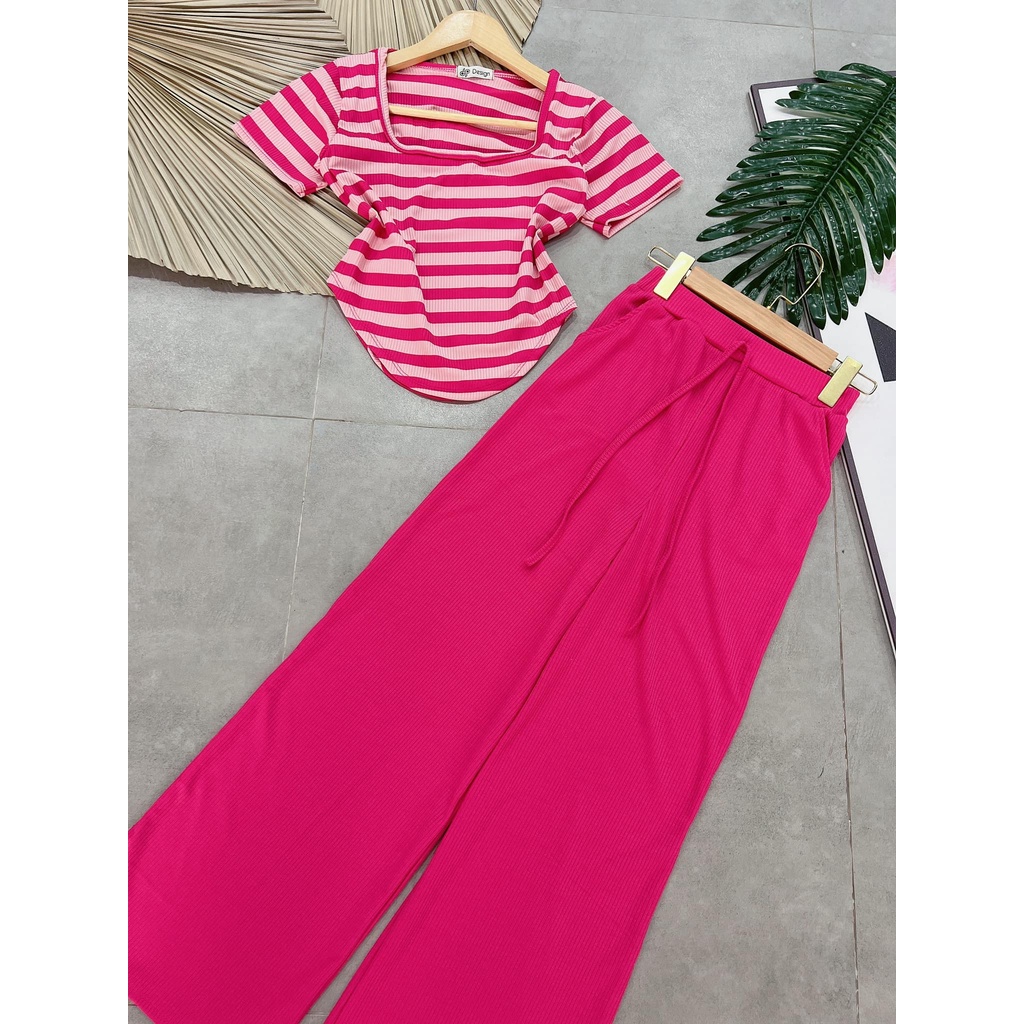 Đồ bộ nữ quần ống rộng đai cao có túi phối áo croptop ôm tay ngắn cổ vuông lai bầu vải thun gân, set đồ nữ