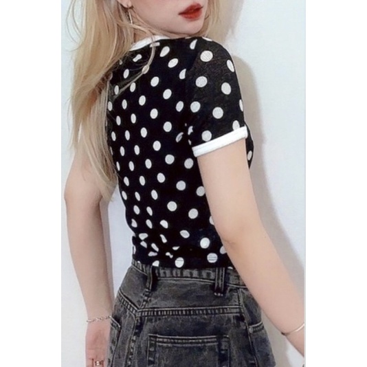 Áo croptop ôm thun bo voan nhẹ, mỏng, đen chấm bi to