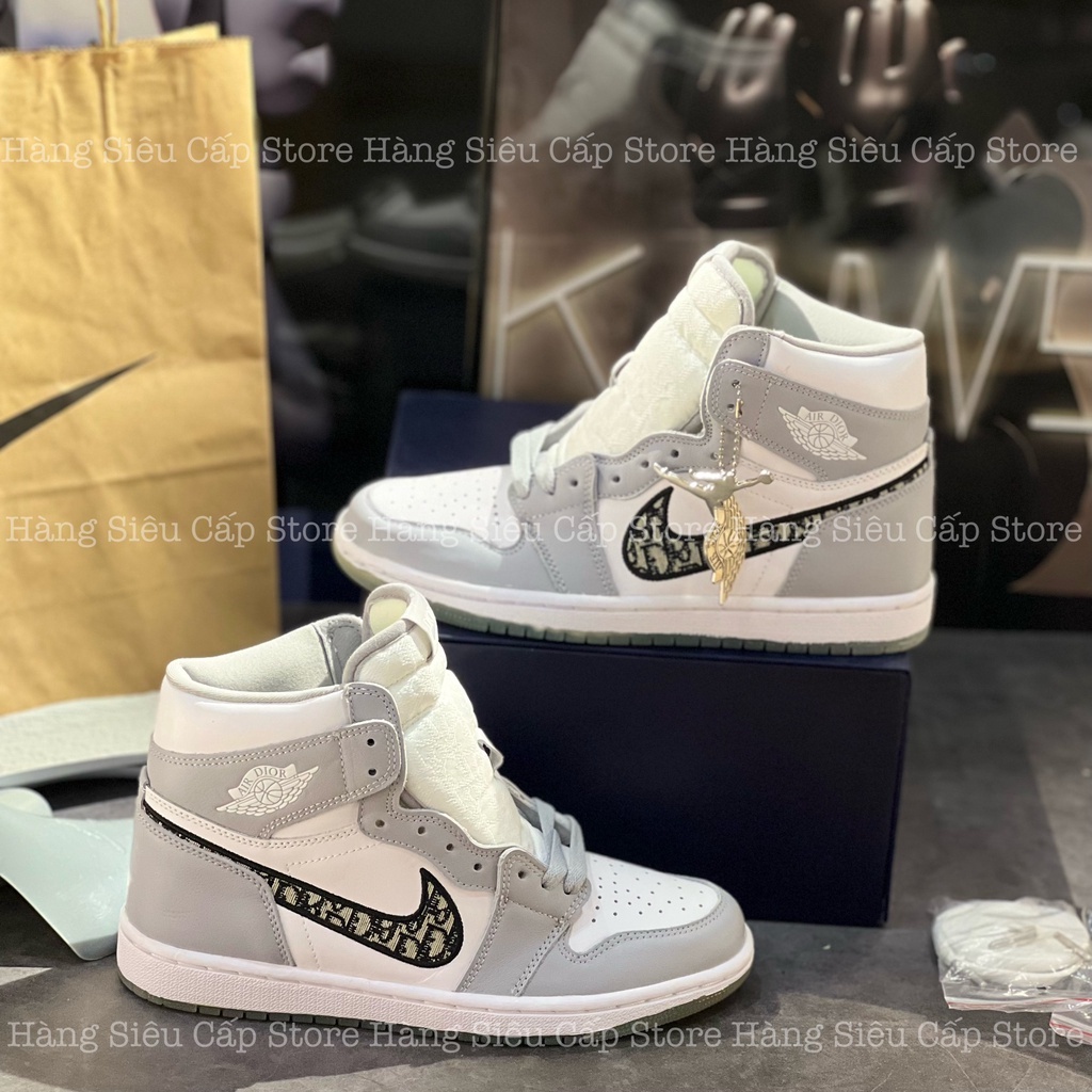 Giày Thể THao Jordan 1 Dior Cổ Cao Sneaker Nam Nữ Xám Sang Trọng Full Bill Box
