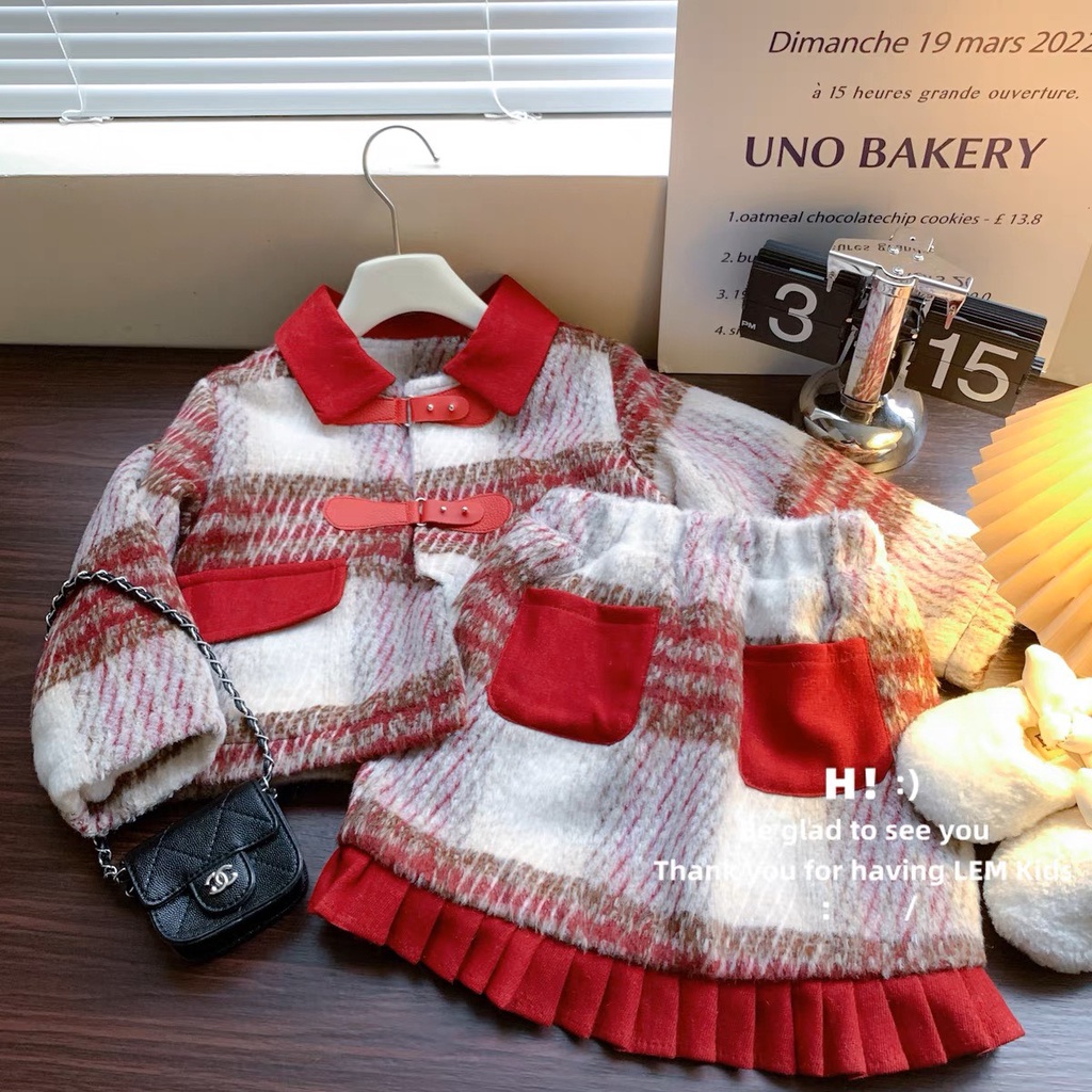 Bộ Kẻ Dạ Len Bé Gái Năm Mới Lót Thỏ Nhung Hàng QC