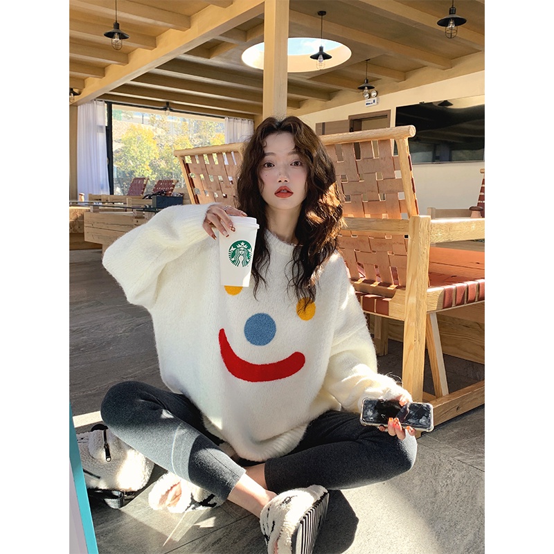 Áo len dệt kim dài tay in họa tiết Thời trang mùa thu phong cách hàn quốc cổ tròn rộng rãi ngọt ngào nữ