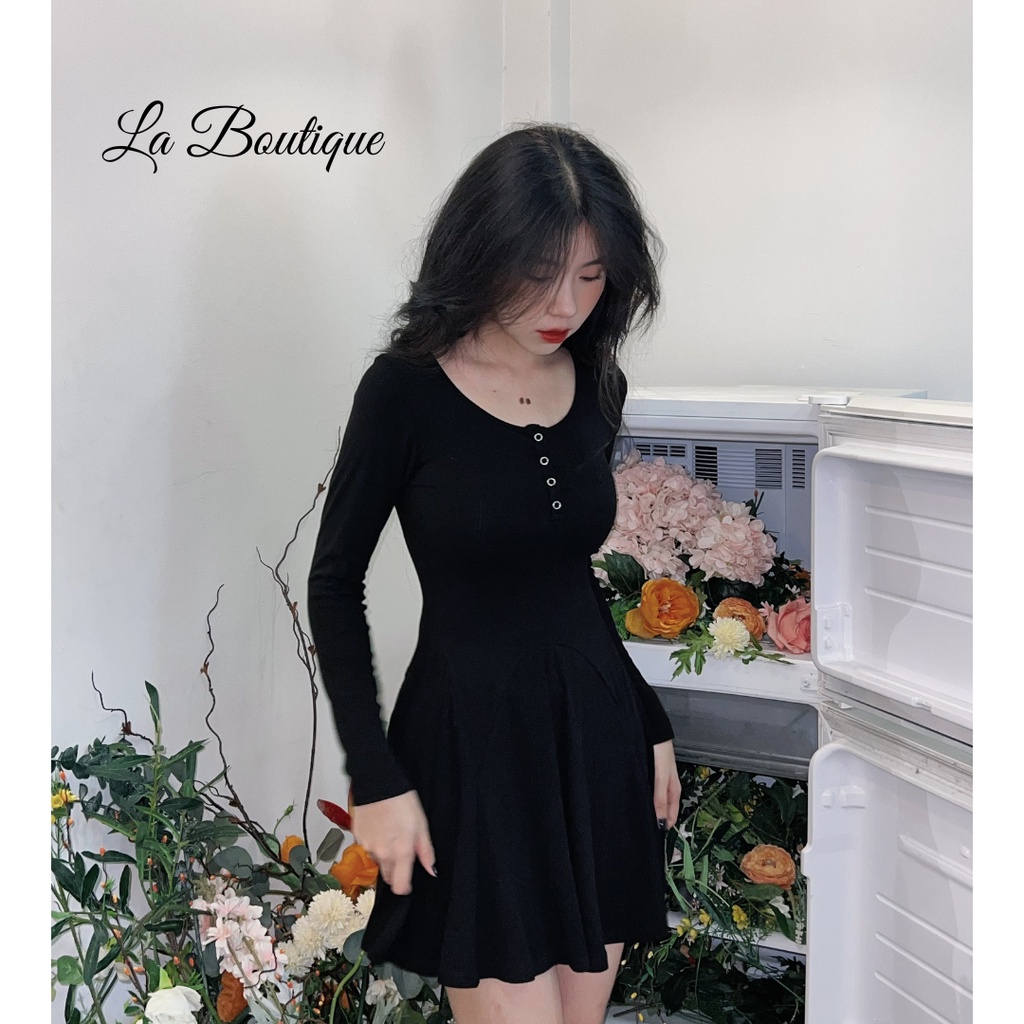 Đầm xoè nút bấm tay dài La Boutique co giãn 4 chiều có bigsize nữ tính trẻ trung