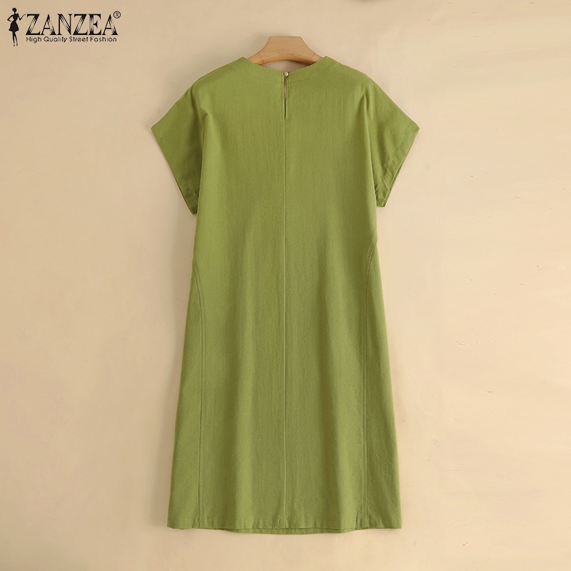 ZANZEA Đầm Nữ Ngắn Tay Cổ Tròn Màu Trơn Thời Trang
