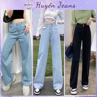 Quần jeans ống suông nữ - Quần jeans ống suông đen 2 cúc, 1 cúc, móc cạp cúc dáng chuẩn