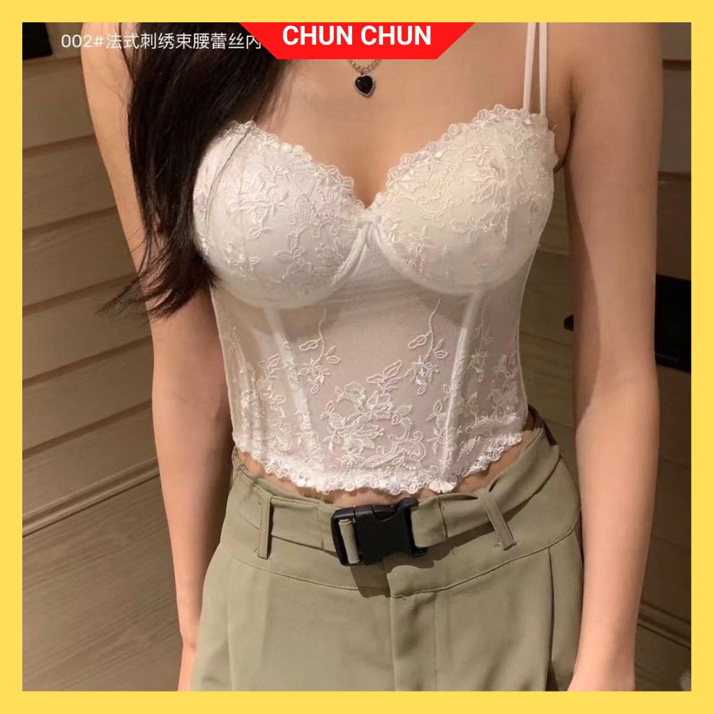 Áo Corset Ren Hoa Dáng Lửng CHUNCHUN M80. Áo Croptop Cup Ngực Hai Dây Đệm Mút Dày Ôm Đẩy Ngực