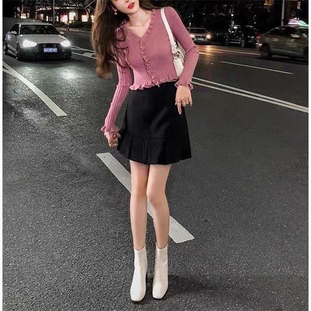 [Giao Ngay] Áo Sweater Dệt Kim Ngắn Tay Dài Dáng Ôm Màu Hồng Cá Tính Phong Cách Mới Thu Đông Cho Nữ