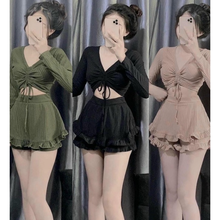 Rẻ Vô Địch Set Bộ Áo Rút Ngực Croptop Tay Dài Kèm Quần Váy Viền Bèo