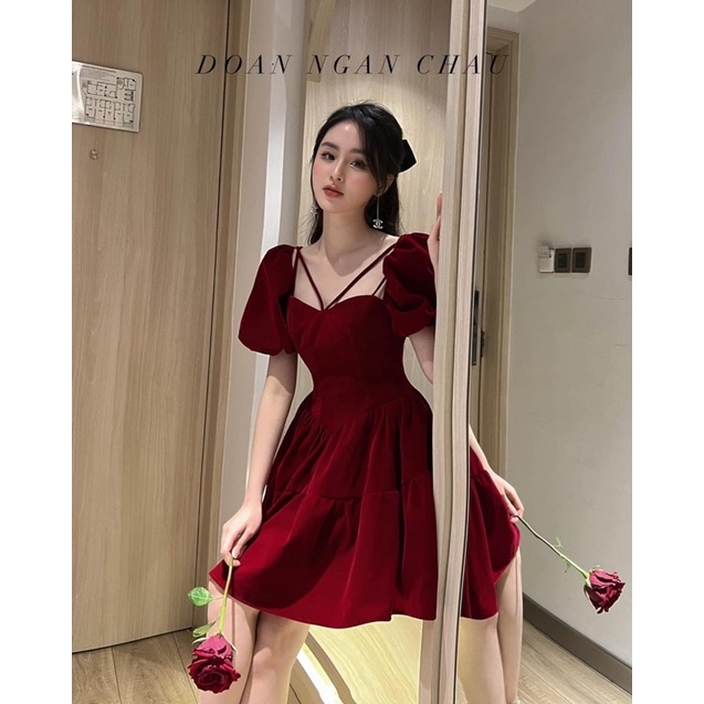 ĐẦM NHUNG ĐỎ TAY PHỒNG DÂY CHÉO CỔ VUÔNG