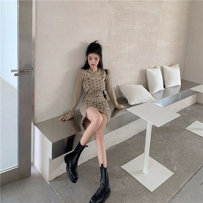 IELGY Bộ Áo Thun Dài Tay In Họa Tiết + Đầm Không Tay Xinh Xắn Dành Cho Nữ