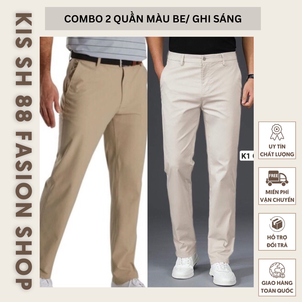 Combo 2 Quần KAKI Nam Cao Cấp Màu Be/ Ghi Sáng Ống Rộng Dáng Ôm Nhẹ Chất Vải Cotton Hàn Quốc Co Giãn 4 Chiều