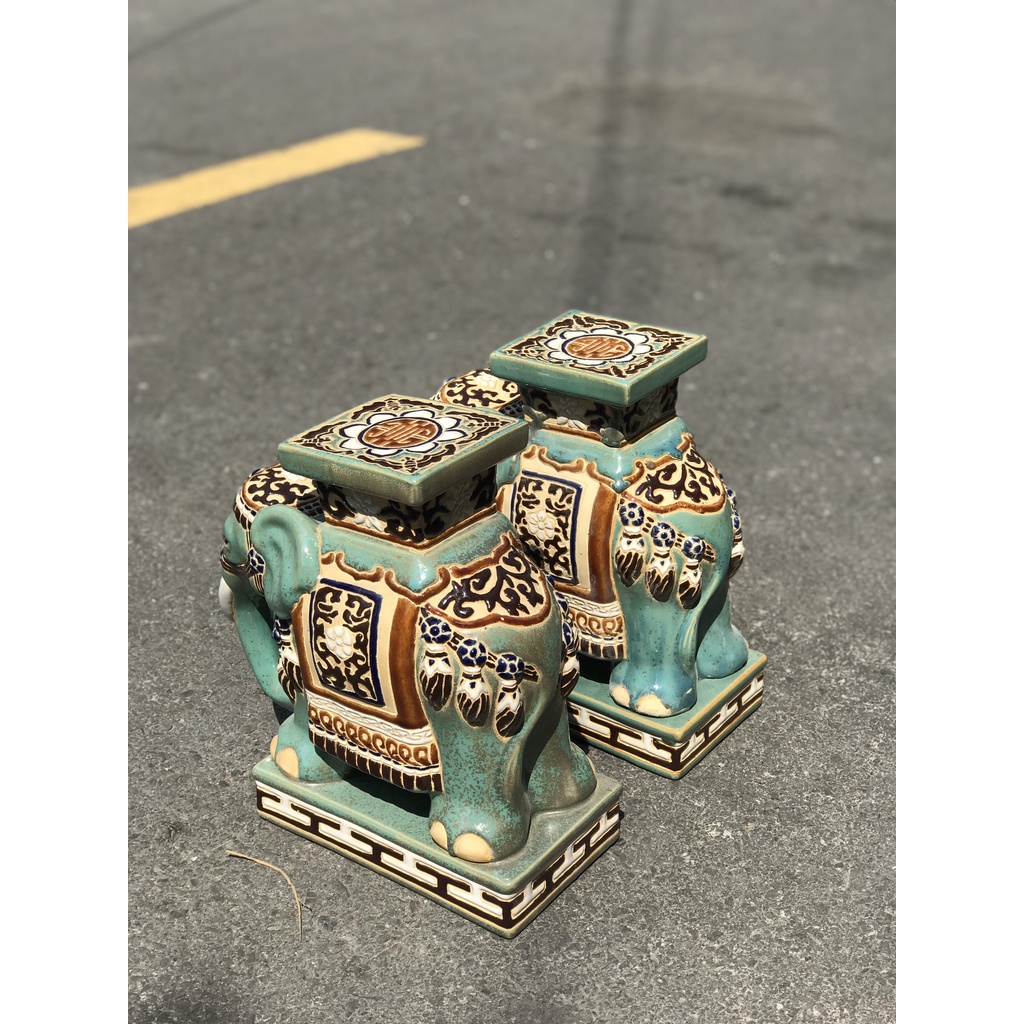 ĐÔN VOI GỐM SỨ TRANG TRÍ DECOR 30CM MEN XANH ĐỒNG TRỔ