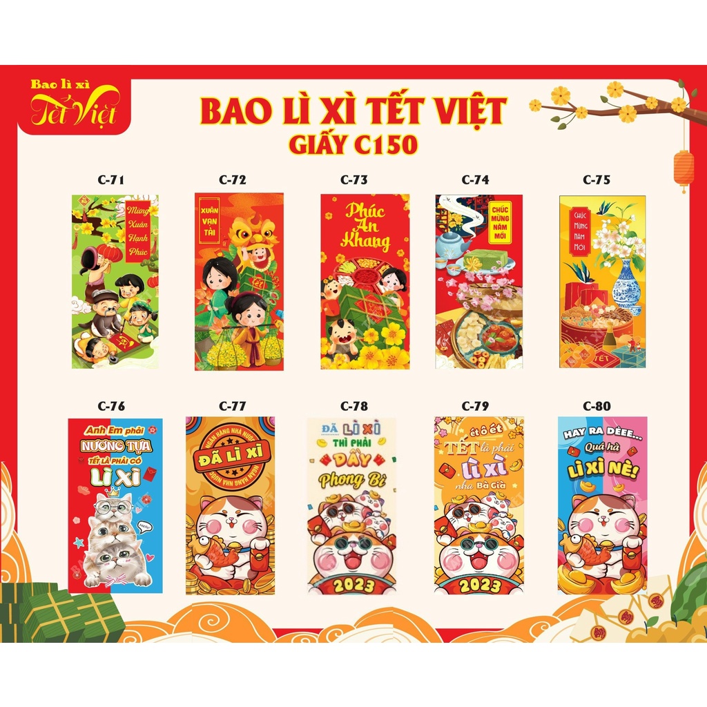 Set 10 Bao Lì Xì, Thiệp Tết 2023 Giấy Dày C150, Mẫu Mã Mèo Đa Dạng, Độc Lạ, Cute, Dễ Thương