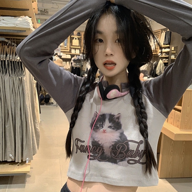 IELGY  IELGY Áo Thun Tay Dài Dáng Ôm In Hình Mèo Phong Cách Mỹ Cổ Điển Thời Trang Cho Nữ