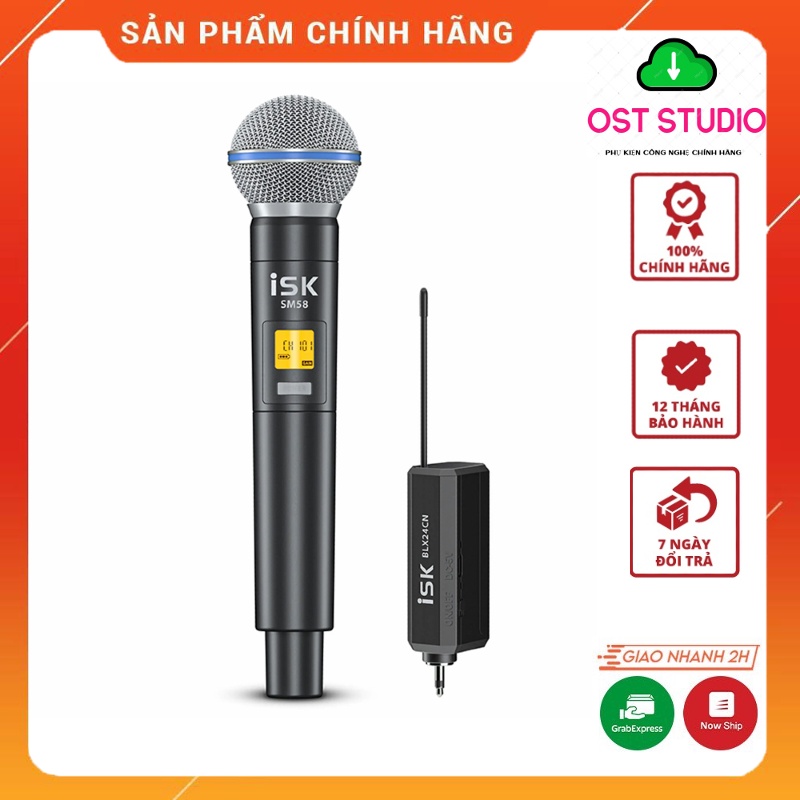 Mic Thu Âm ISK SM58 Cầm Tay - Micro Không Dây Màu Đen BLX24CN/SM58 Dùng Cho Sound Card, Âm ly, Vang, Mixer, Loa