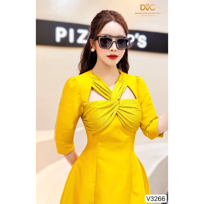 Váy vàng tafta dáng xòe xoắn ngực thiết kế cao cấp V3266- DVC