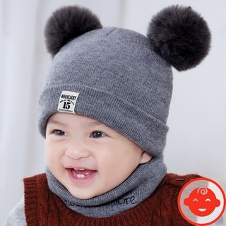Mũ len 2 quả bông KÈM KHĂN cho bé M36