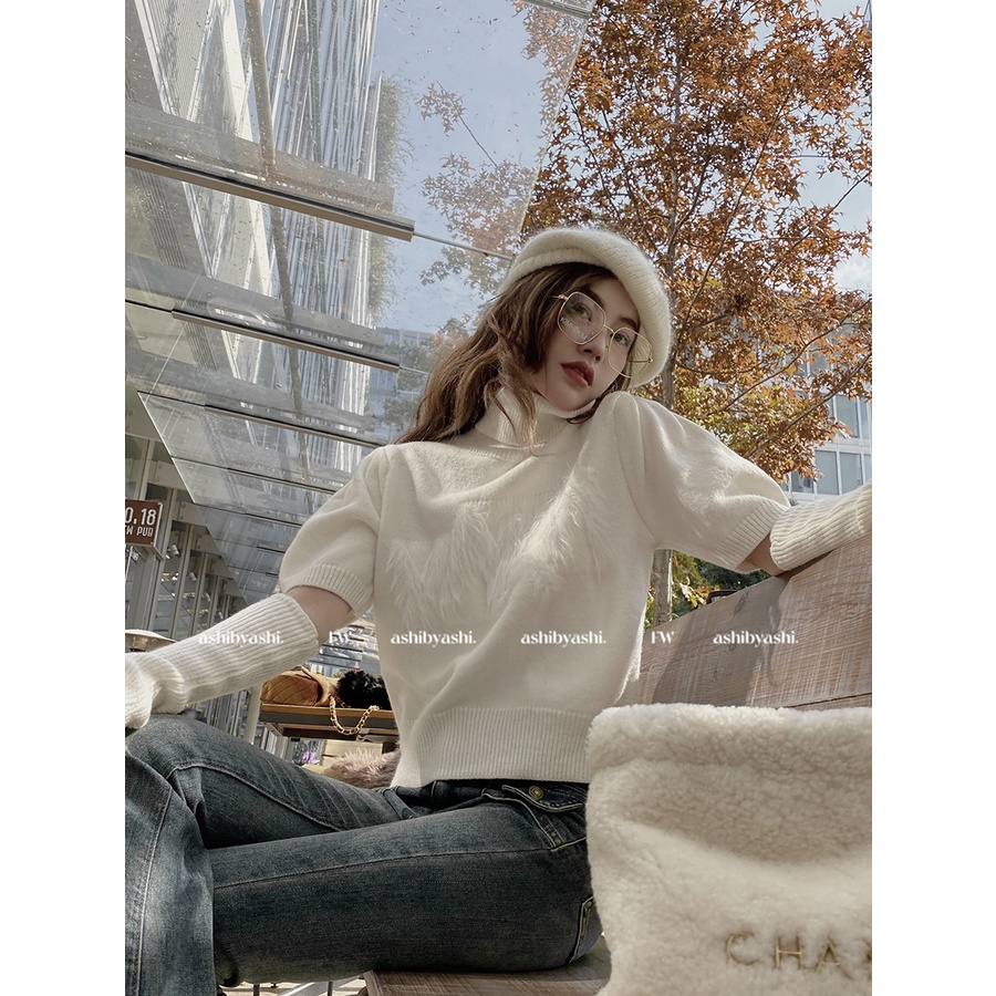 Áo Sweater Dệt Kim Tay Ngắn Cổ Cao Dáng Ôm Thời Trang Cho Nữ
