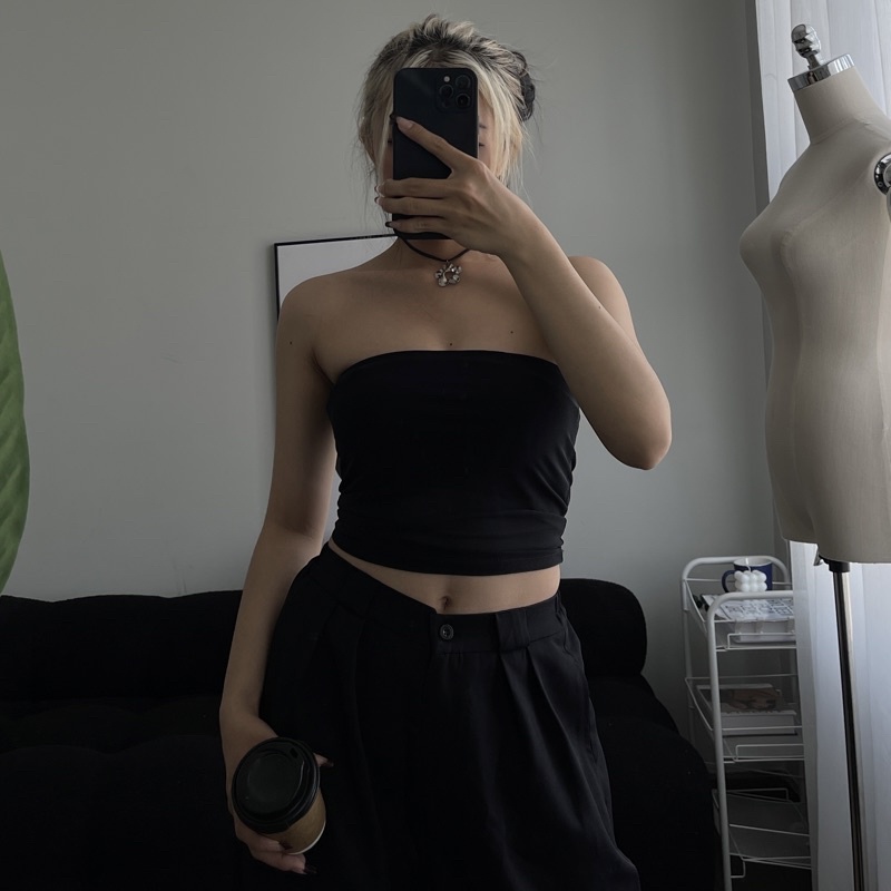 Tube top lưới phong cách ÂU MỸ, màu đen trơn tối giản( ẢNH THẬT DO SHOP CHỤP)