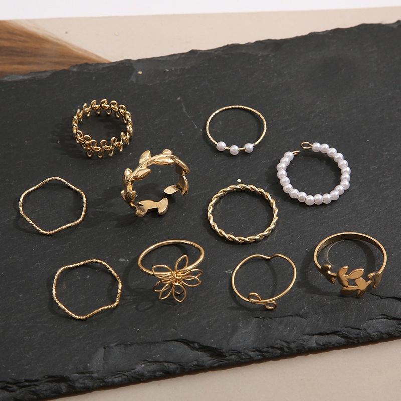 Bộ 10 Nhẫn Họa Tiết Hoa Lá Đính Ngọc Trai Phong Cách Bohemian Thời Trang JP5