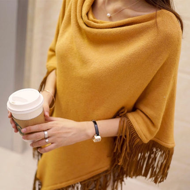 Áo Choàng Sweater Dệt Kim Chui Đầu Dáng Rộng Phối Tua Rua Kiểu Mới Mùa Xuân 2019