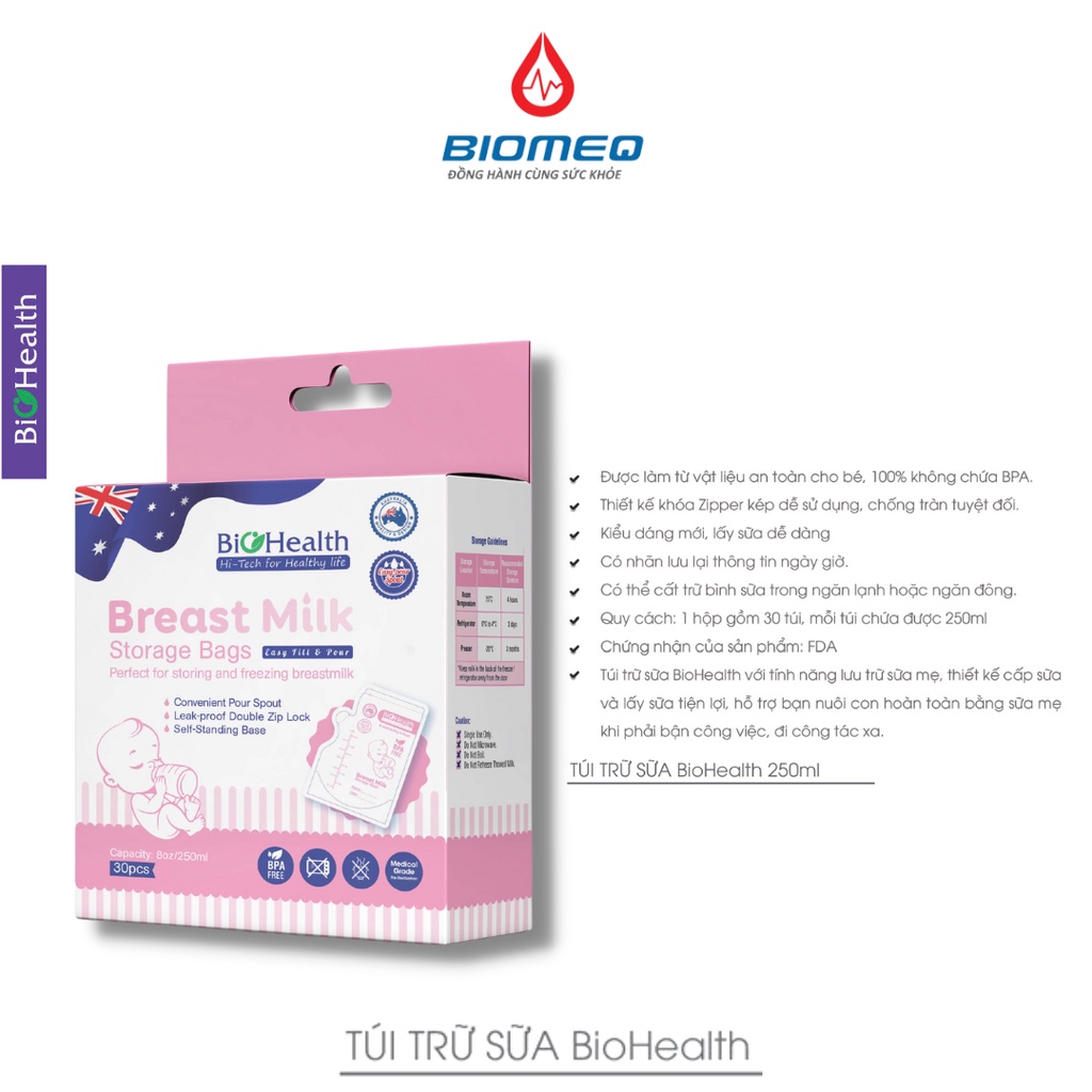 Túi trữ sữa BioHealth vật liệu không chứa BPA an toàn đạt tiêu chuẩn FDA hộp 30 túi đựng sữa 150ml/250ml