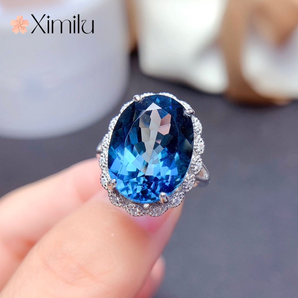 ♥Nhẫn Mạ Bạc Đính Đá Pha Lê Xanh Lam Lớn Đơn Giản Cá Tính Dành Cho Nữ