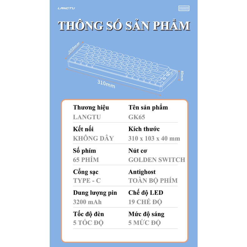 Bàn phím cơ Langtu GK65 Golden Switch với thiết kế mini 65 phím kết nối không dây qua Bluetooth và chip USB 2.4GHz