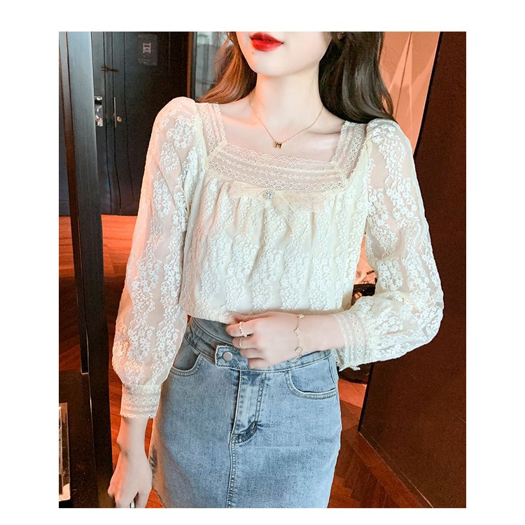 Áo Chiffon Cổ Vuông Tay Dài Phối Ren Thời Trang Mùa Xuân Cho Nữ