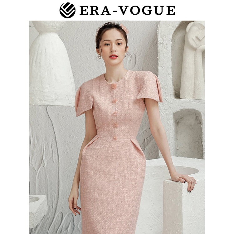 EraVogue🌷 Đầm Vải Tweed Màu Hồng Nhạt Kiểu Dáng Thanh Lịch Y1081