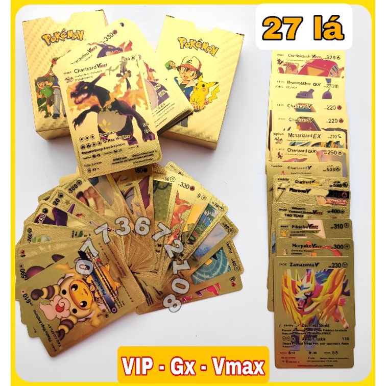 THẺ BÀI VÀNG , Hộp thẻ bài pokemon mạ vàng , Hàng Siêu VIP , Thẻ GX Vmax ( 27 lá giá trị cao )