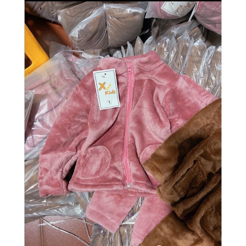 Quần áo thu đông bé trai, bé gái, set bộ quần áo lông QC thêu đắp gấu thỏ cho bé