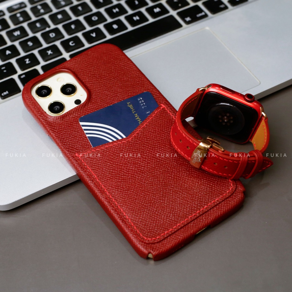 Combo dây và ốp da thủ công Full viền Epsom Đỏ Đô dành cho Đồng hồ thông minh/ Đồng hồ cơ và Iphone CB029