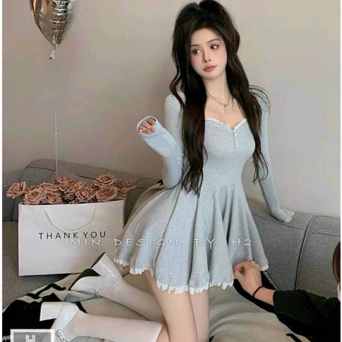 Đầm tay dài form xòe phối ren_xu hướng siêu hot