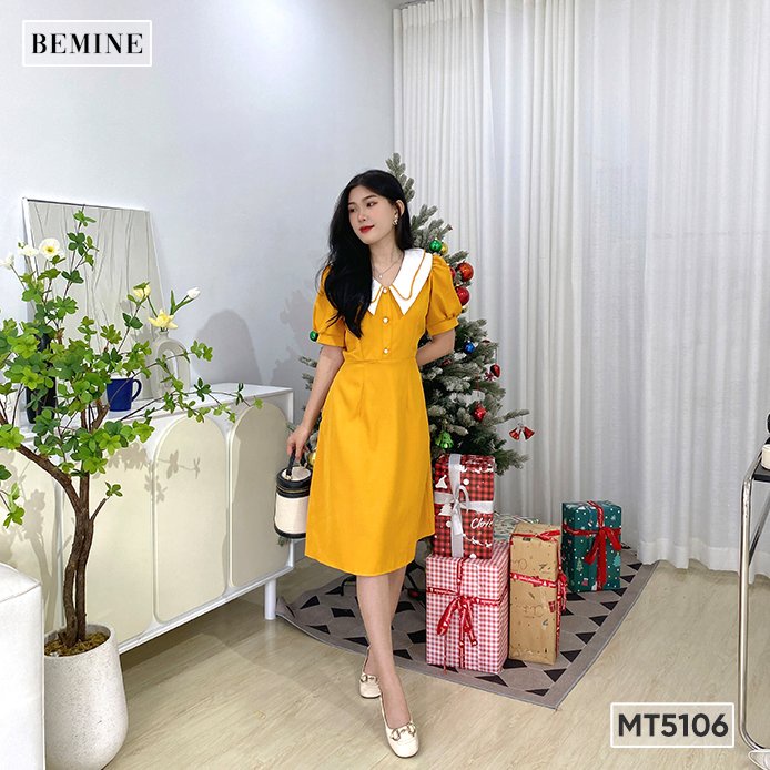 Đầm cổ tầng cánh bướm tay phồng BEMINE MT5106VANGCAM