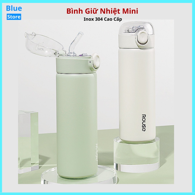 Bình nước giữ nhiệt mini có ống hút ROUSE cute dễ thương 380ml, Bình nước cho bé đi học thép không gỉ inox 304