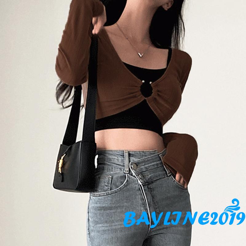 Bộ Áo Croptop Hai Dây 2 Dây Màu Trơn + Áo Sơ Mi Tay Dài Cổ Chữ U Xẻ Sâu Gợi Cảm