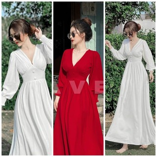 Đầm maxi voan nút bọc có mút cao câp