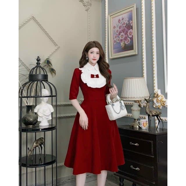 Đầm Cổ Bèo Dập Ly Fom Dài Kèm Nơ Siêu Bánh Bèo