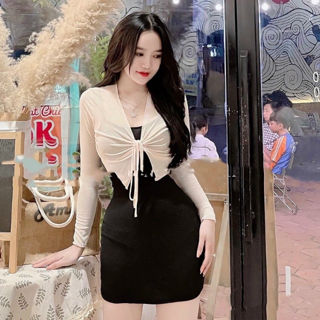 Đầm body ngắn phối khóac tay dài cánh nơ TIBU, Váy ôm dáng sexy mặc đi chơi, dự tiệc siêu xinh, tôn dáng cực đỉnh
