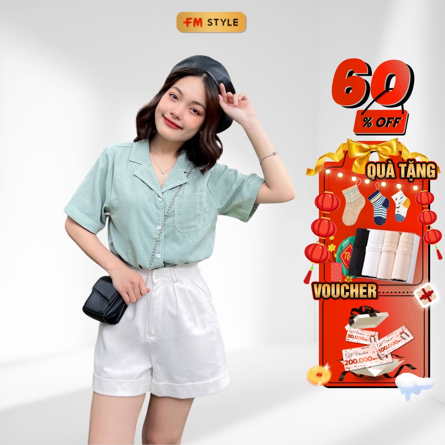 Áo sơ mi nữ FMSTYLE tay ngắn cổ vest chất đũi xịn hoạ tiết chỉ nổi mang đi học đi làm thời trang Hàn