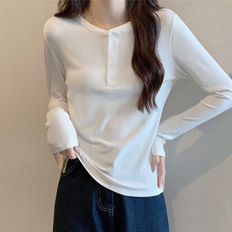 Áo Tay Dài Dày ấm Áp Nữ Có Nút Màu Trơn Co Dãn Phong Cách Hàn Quốc 2 Màu, Áo Dáng Ôm