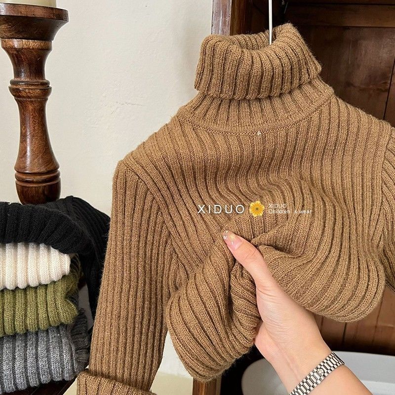 Áo Sweater Cổ Cao Co Giãn Giữ Ấm Mùa Thu Đông Màu Trơn Phong Cách Hàn Quốc Mới Cho Bé Trai Bé Gái Pit Stri