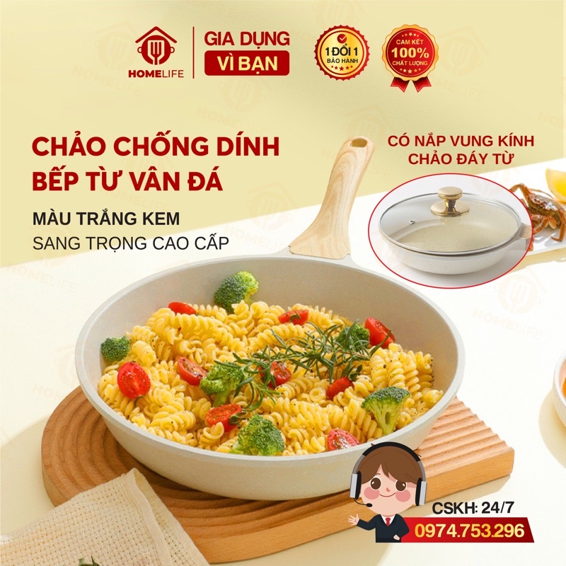 Chảo Chống Dính Bếp Từ Vân Đá Có Nắp Vung Kính Chảo Đáy Từ HOMELIFE Màu Trắng Kem Sang Trọng Cao Cấp