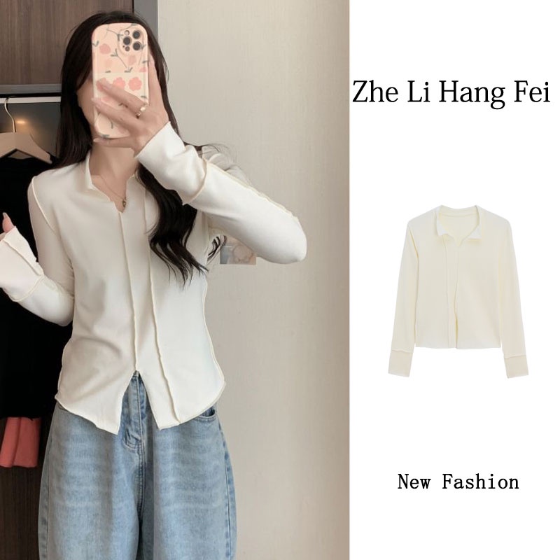 Áo thun nữ ZHELIHANGFEI tay dài cổ chữ v màu sắc đơn giản