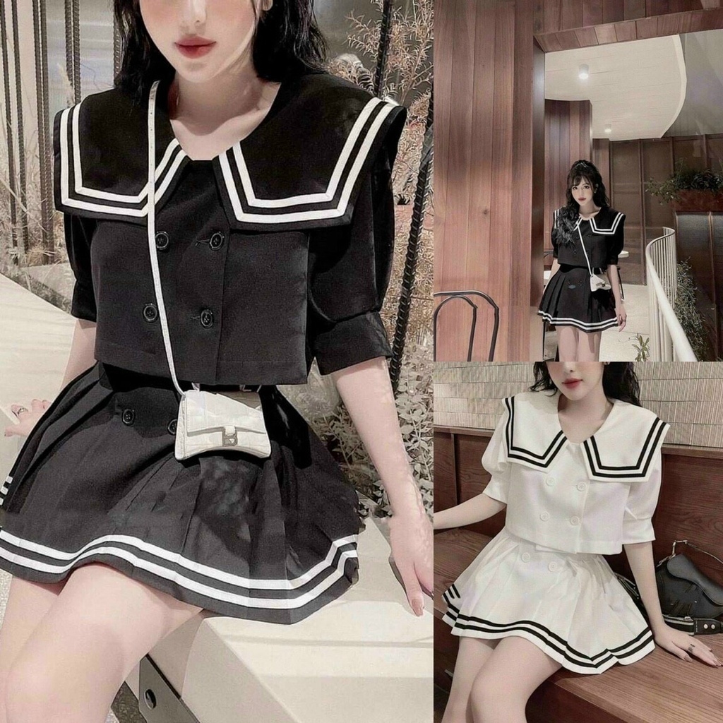 Set áo croptop tay ngắn + chân váy xòe thủy thủ, set đồ nữ đi chơi đen trắng, Sét bộ áo & chân váy thuỷ thủ AV43
