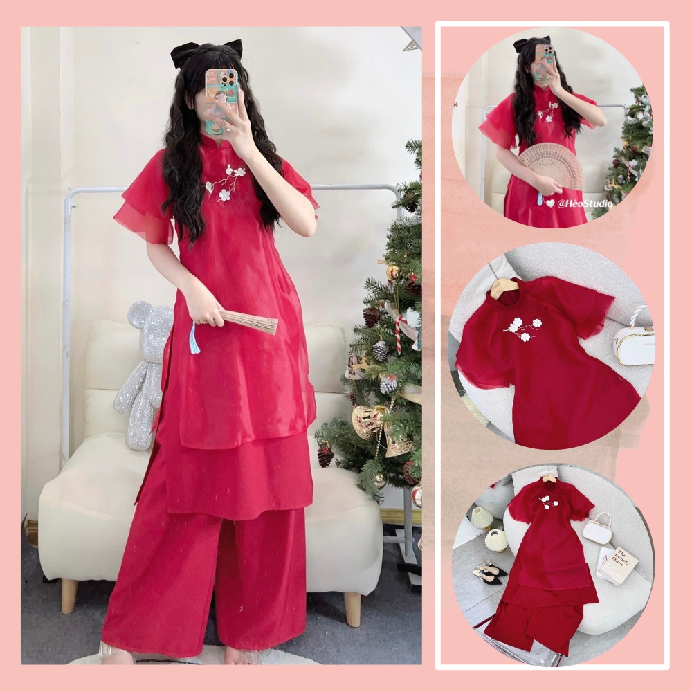 Set Áo Dài Voan Đỏ Đính Hoa Hèo Studio (Ảnh Thật)