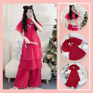 Set áo dài voan đỏ đính hoa hèo studio