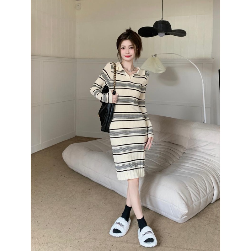 Xiaozhainv Đầm Maxi Dệt Kim Tay Ngắn Cổ Polo Họa Tiết Kẻ Sọc Thời Trang Mùa Hè Phong Cách Hàn Quốc