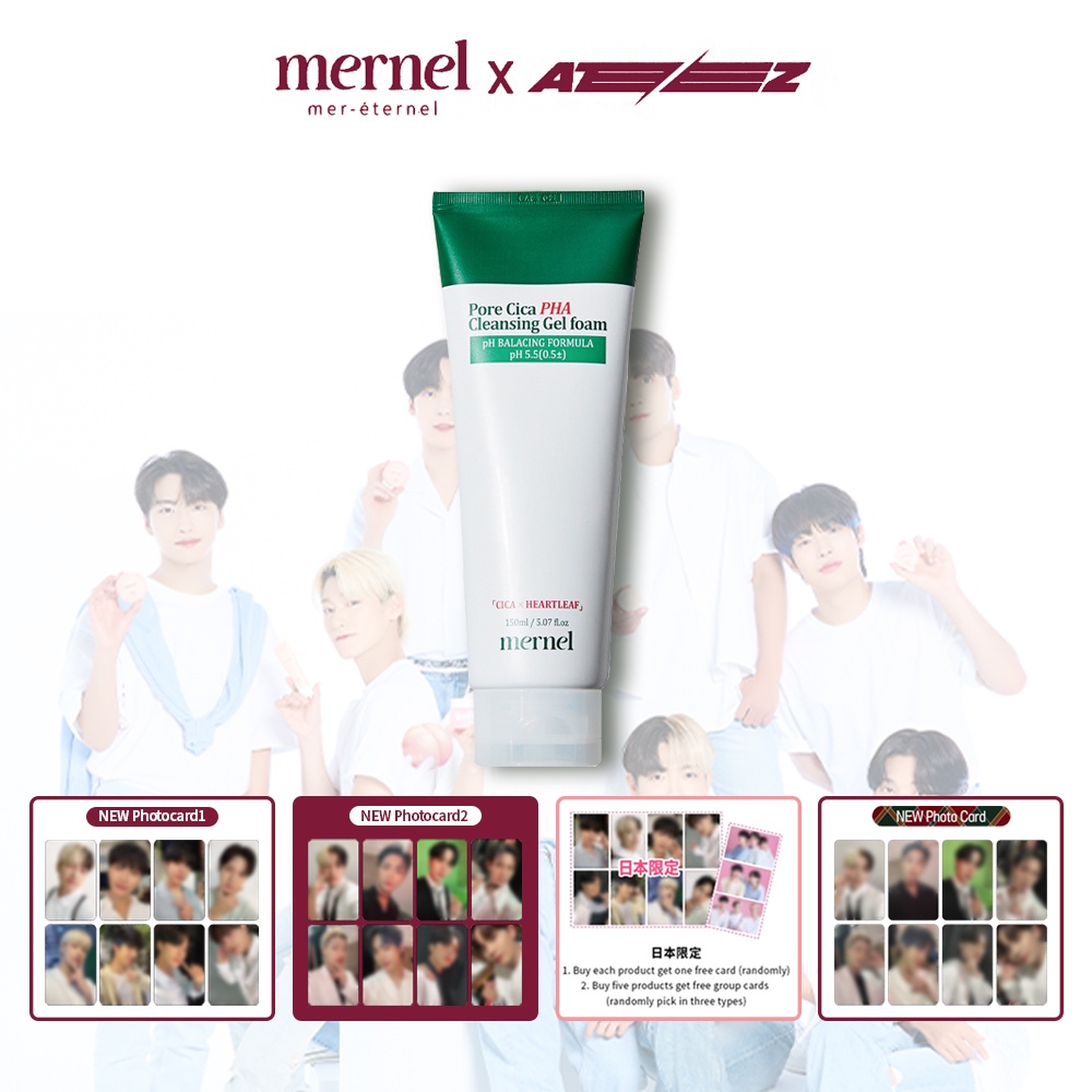 Ateez x mernel Pore Cica PHA Cleansing Gel foam150ML | A or B card gift Dispatch Randomly